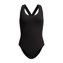 Load image into Gallery viewer, Black speedo recreation solid scoop neck swimsuit.
